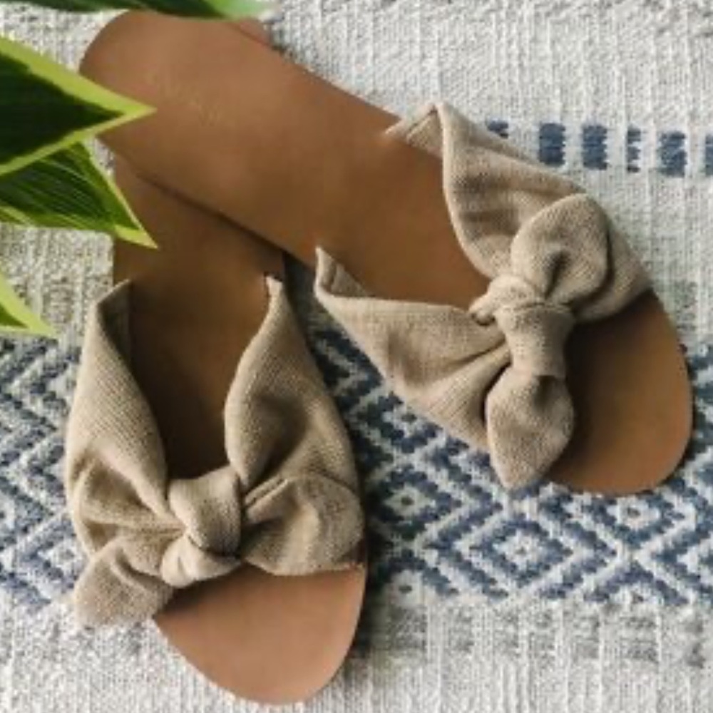 EXPRESS Tan Neutral Linen Bow Tie Flat Slides Sandals Size 10 Beach Comfortable